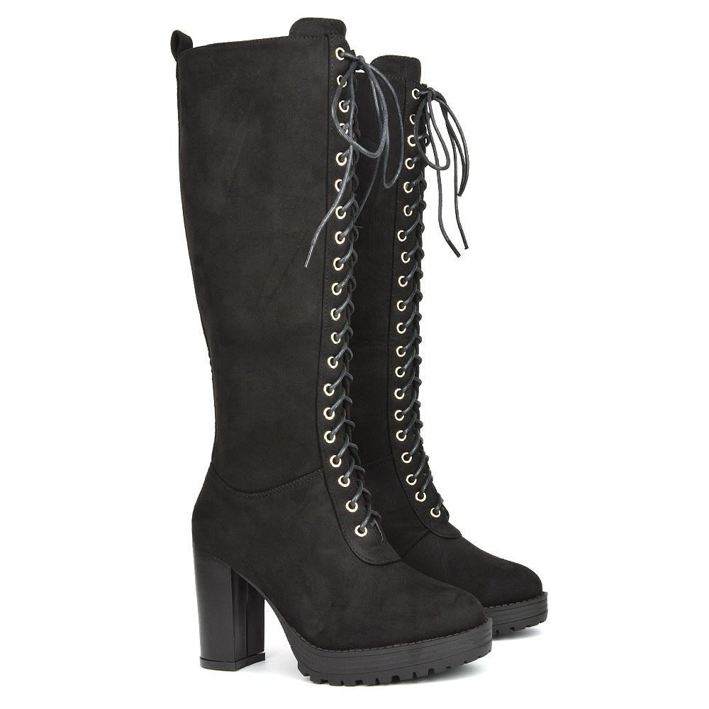 Ruthie Knee High Block Heel Lace Up Platform Boots in Black Synthetic Leather