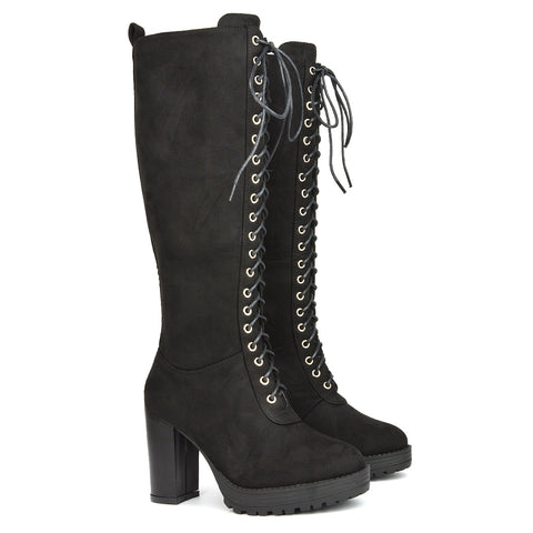 Ruthie Knee High Block Heel Lace Up Platform Boots in Black Faux Suede