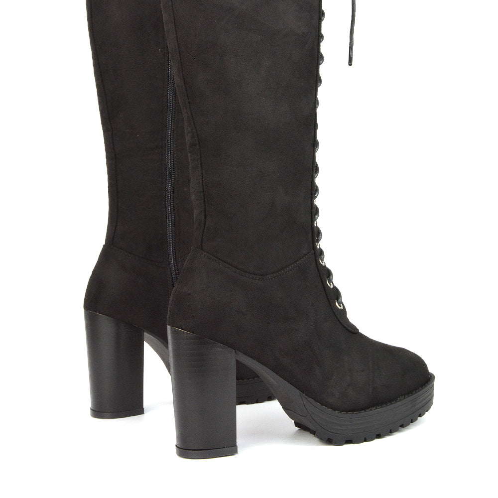 Ruthie Knee High Block Heel Lace Up Platform Boots in Black Faux Suede