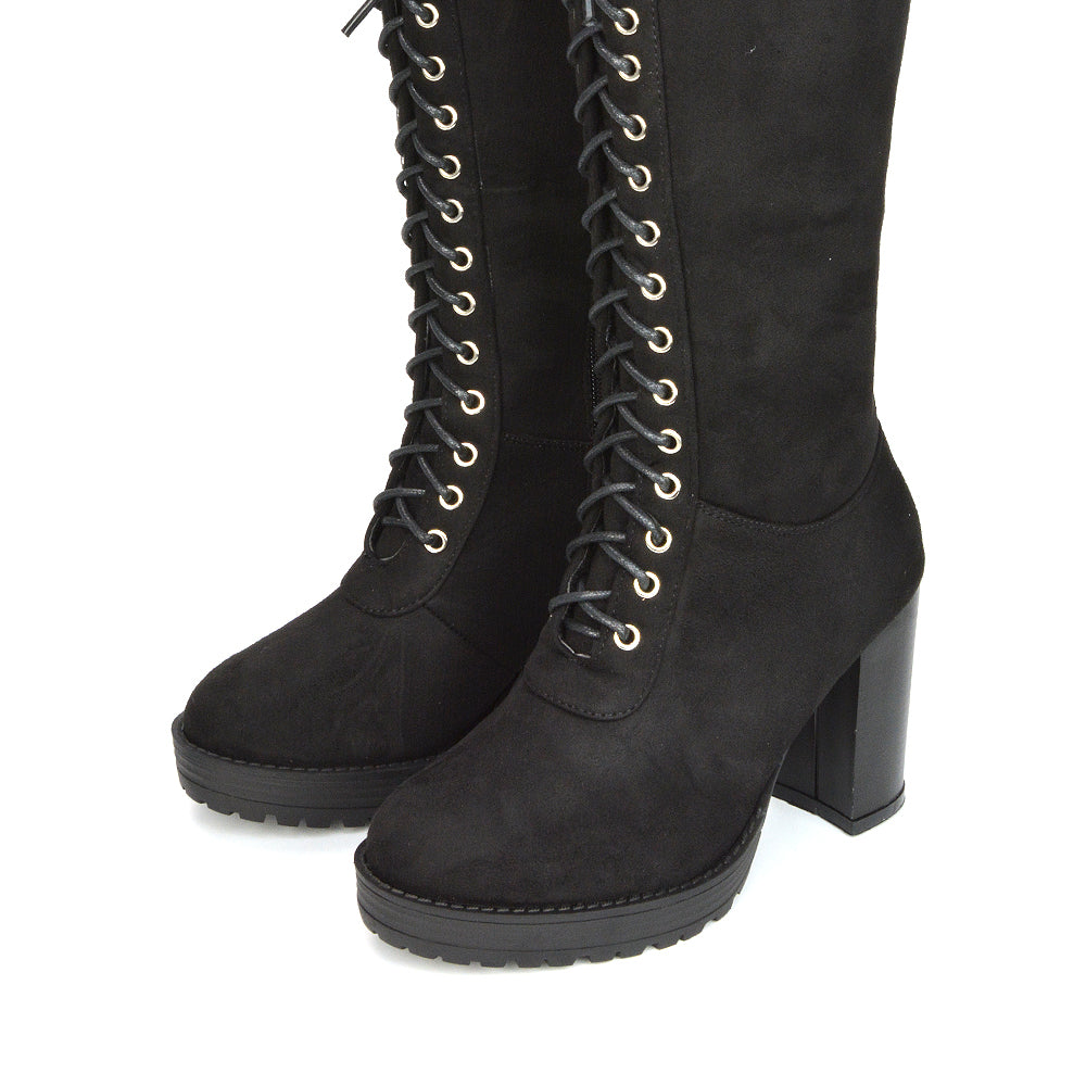 Ruthie Knee High Block Heel Lace Up Platform Boots in Black Faux Suede