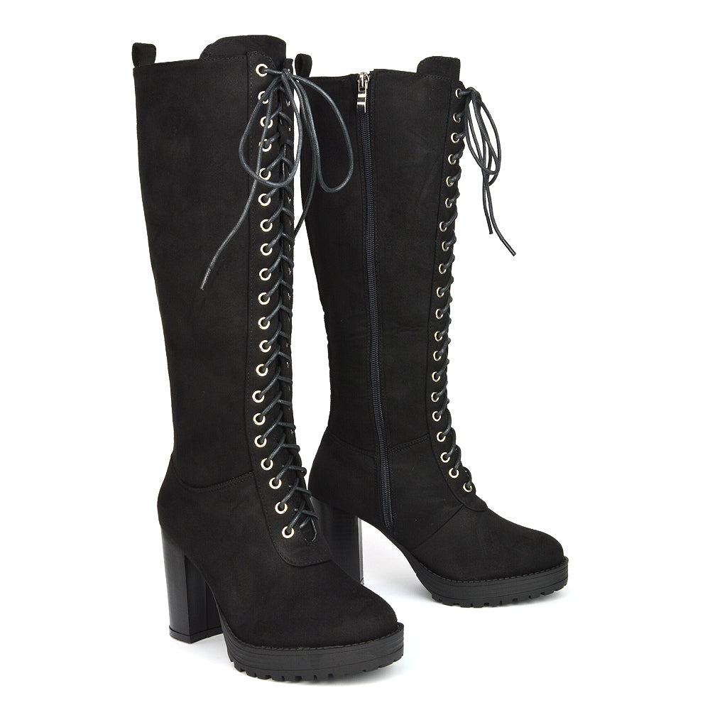 Ruthie Knee High Block Heel Lace Up Platform Boots in Black Faux Suede