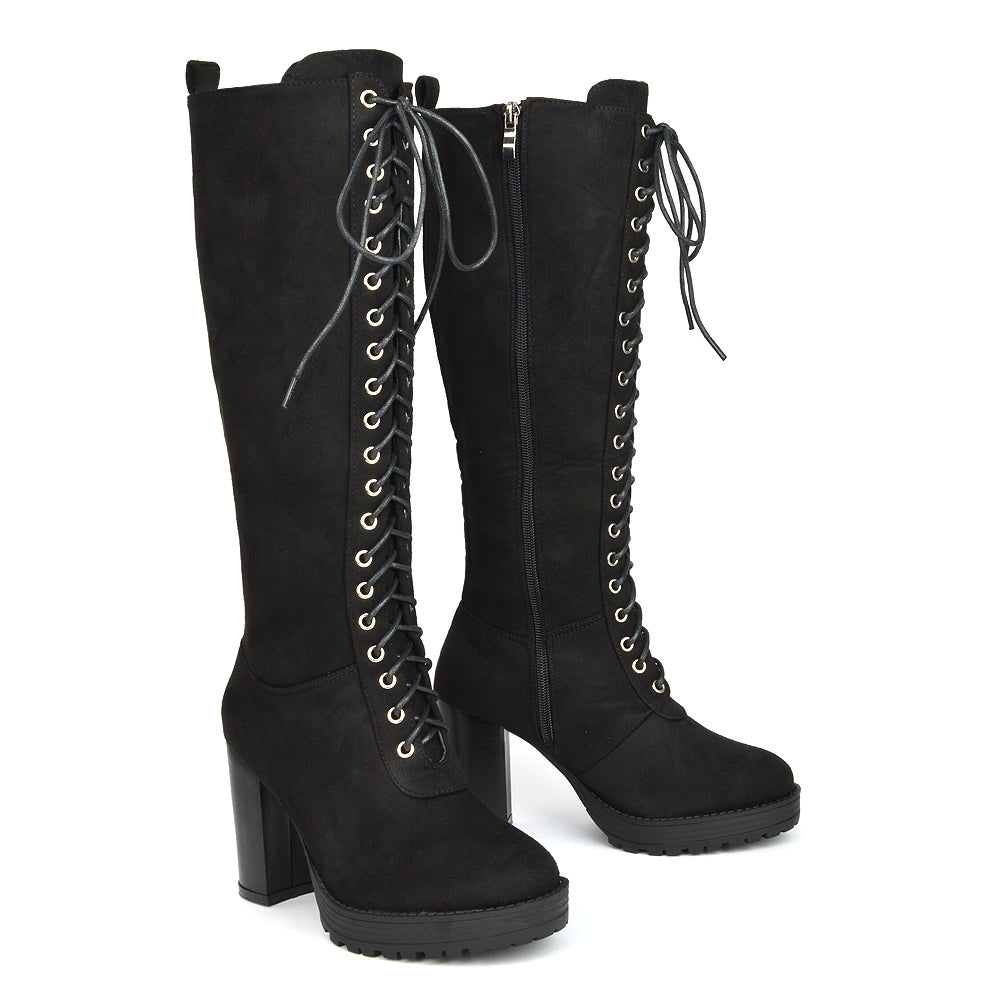 Ruthie Knee High Block Heel Lace Up Platform Boots in Black Synthetic Leather