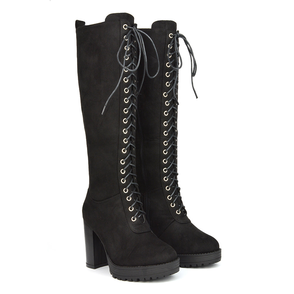 Ruthie Knee High Block Heel Lace Up Platform Boots in Black Faux Suede