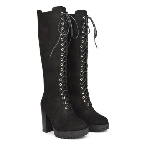 Ruthie Knee High Block Heel Lace Up Platform Boots in Black Synthetic Leather