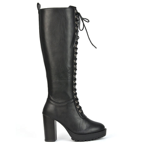 Ruthie Knee High Block Heel Lace Up Platform Boots in Black Faux Suede