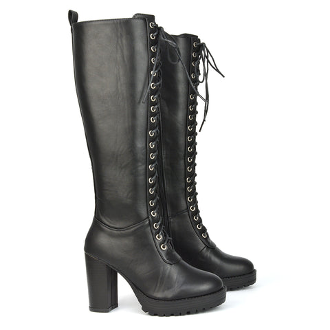 Ruthie Knee High Block Heel Lace Up Platform Boots in Black Synthetic Leather