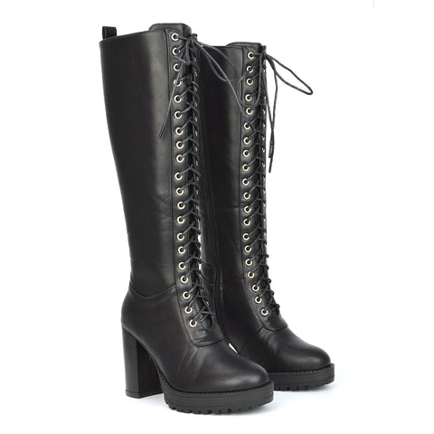 Ruthie Knee High Block Heel Lace Up Platform Boots in Black Synthetic Leather