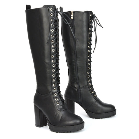 Ruthie Knee High Block Heel Lace Up Platform Boots in Black Synthetic Leather