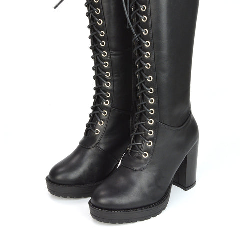 Ruthie Knee High Block Heel Lace Up Platform Boots in Black Synthetic Leather