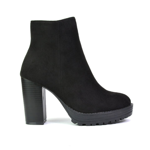 Cole Chunky Biker Block Heeled Platform Sock Ankle Boots in Black Faux Suede