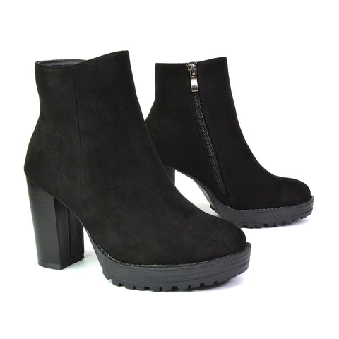 Cole Chunky Biker Block Heeled Platform Sock Ankle Boots in Black Faux Suede