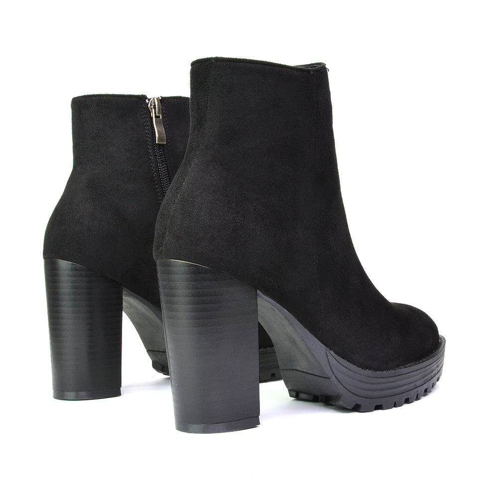 Cole Chunky Biker Block Heeled Platform Sock Ankle Boots in Black Synthetic Leather