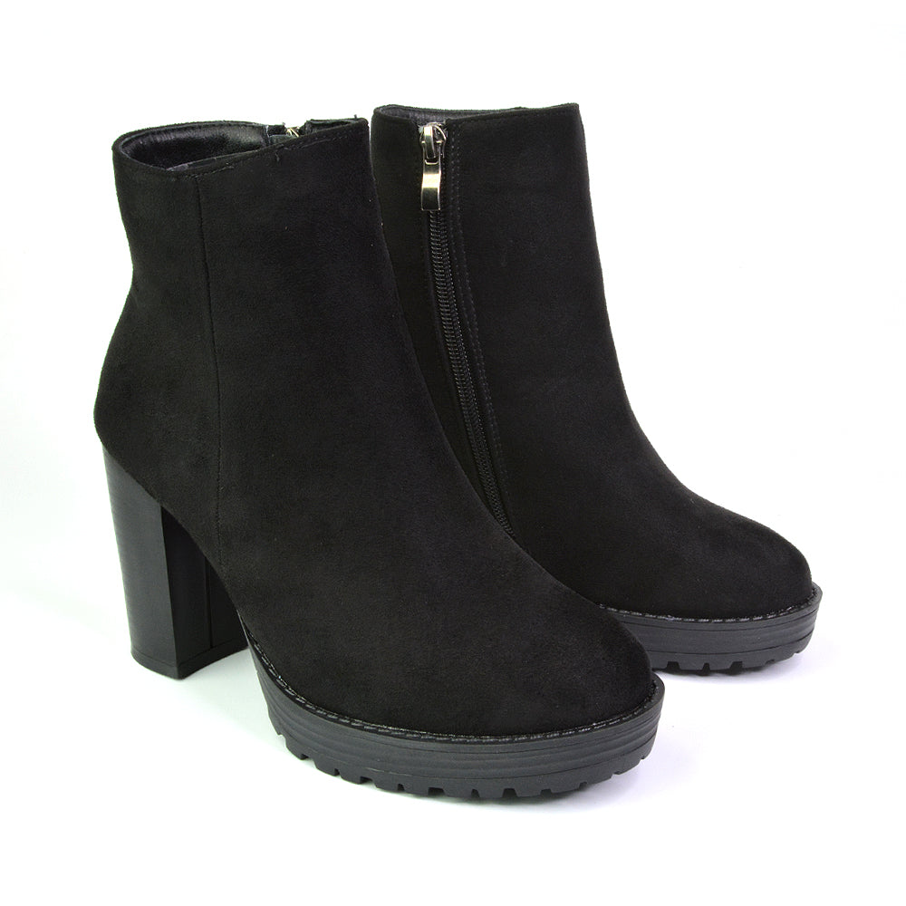 Cole Chunky Biker Block Heeled Platform Sock Ankle Boots in Black Faux Suede