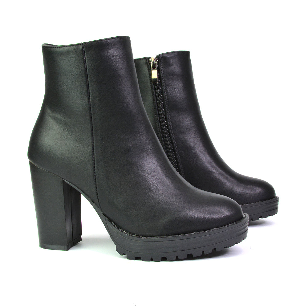 Cole Chunky Biker Block Heeled Platform Sock Ankle Boots in Black Synthetic Leather