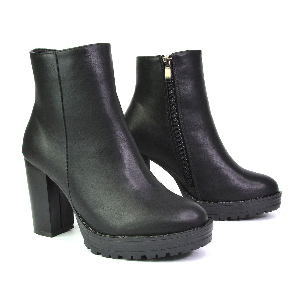 Cole Chunky Biker Block Heeled Platform Sock Ankle Boots in Black Synthetic Leather