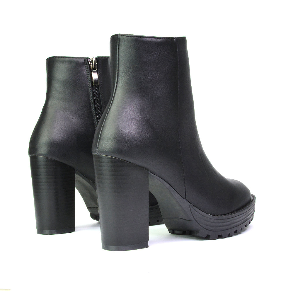 Cole Chunky Biker Block Heeled Platform Sock Ankle Boots in Black Synthetic Leather