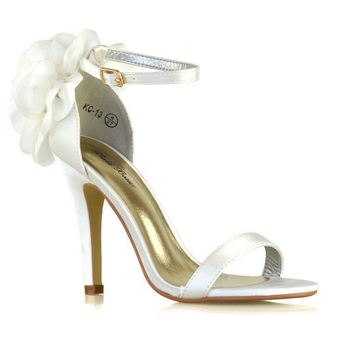 Zola Flower Detail Open Toe Buckle Strappy Bridal High Stiletto Heels in White