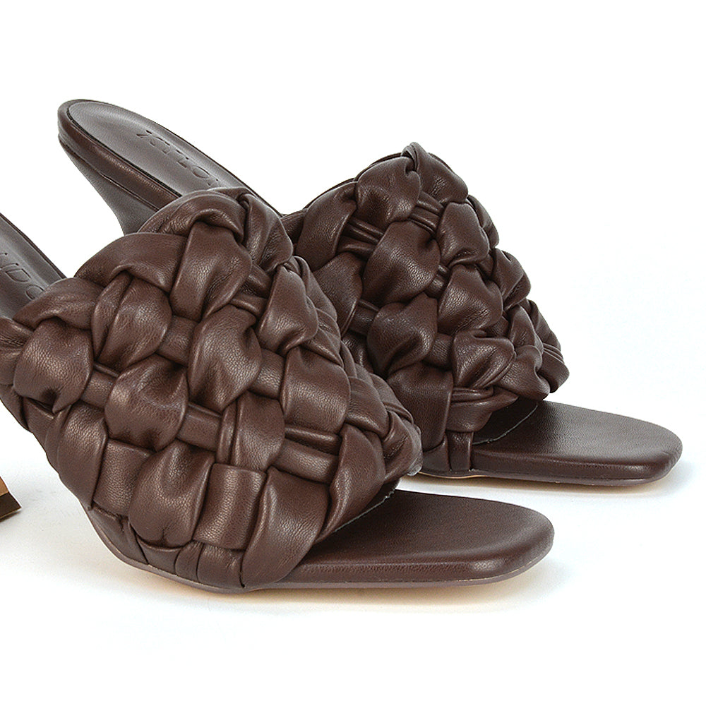 Jaci Woven Sandal Strap Square Toe Sculptured Flared Low mid High Heel Mules in Brown Synthetic Leather