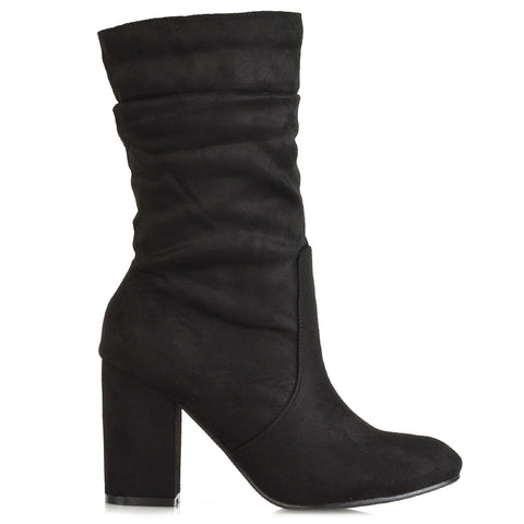 Belle Ruched Zip Up Ankle Boots with Block Mid Heel in Taupe Faux Suede