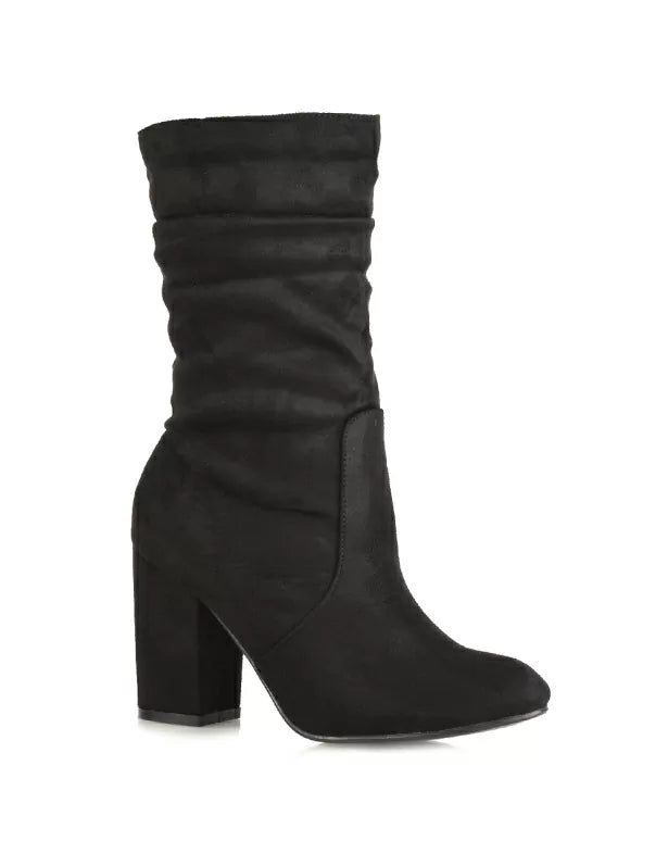 Belle Ruched Zip Up Ankle Boots with Block Mid Heel in Taupe Faux Suede