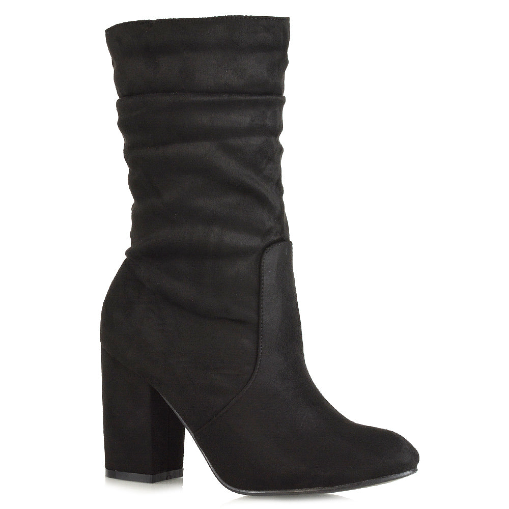 Belle Ruched Zip Up Ankle Boots with Block Mid Heel in Taupe Faux Suede