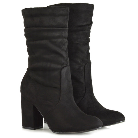 Belle Ruched Zip Up Ankle Boots with Block Mid Heel in Taupe Faux Suede