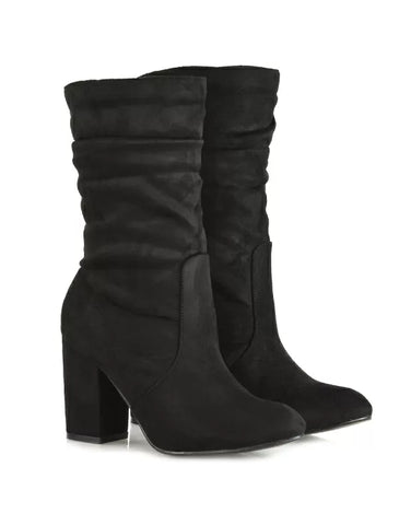 Belle Ruched Zip Up Ankle Boots with Block Mid Heel in Taupe Faux Suede