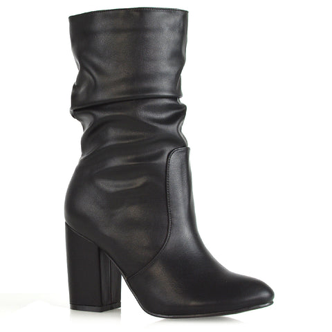 BELLE RUCHED SLOUCH BLOCK HIGH HEEL SOCK ANKLE BOOTS IN BLACK PU