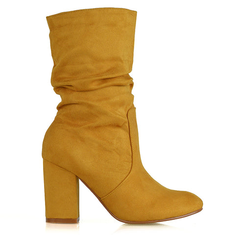 Belle Ruched Zip Up Ankle Boots with Block Mid Heel in Taupe Faux Suede