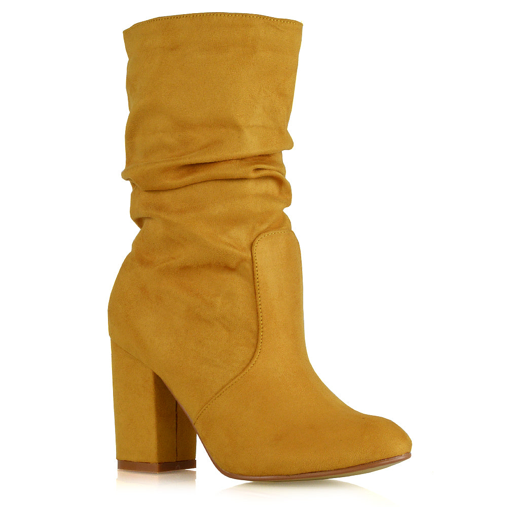 Belle Ruched Zip Up Ankle Boots with Block Mid Heel in Taupe Faux Suede