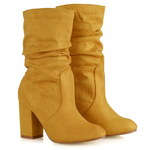 Belle Ruched Zip Up Ankle Boots with Block Mid Heel in Taupe Faux Suede