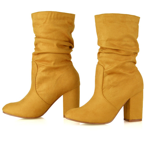 Belle Ruched Zip Up Ankle Boots with Block Mid Heel in Taupe Faux Suede