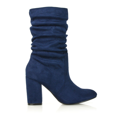 BELLE RUCHED SLOUCH BLOCK HIGH HEEL SOCK ANKLE BOOTS IN NAVY FAUX SUEDE