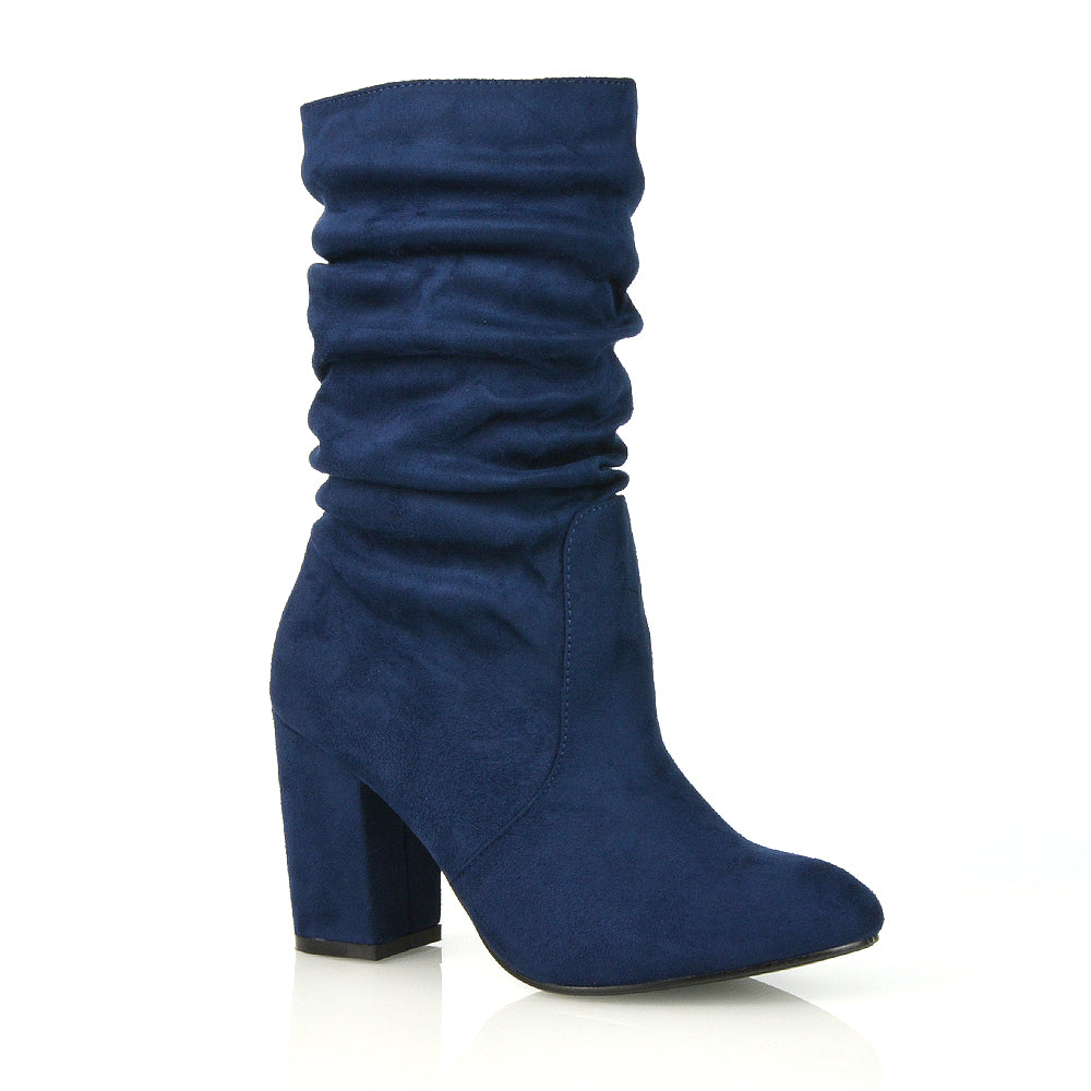 BELLE RUCHED SLOUCH BLOCK HIGH HEEL SOCK ANKLE BOOTS IN NAVY FAUX SUEDE