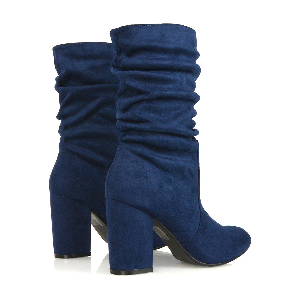 BELLE RUCHED SLOUCH BLOCK HIGH HEEL SOCK ANKLE BOOTS IN NAVY FAUX SUEDE