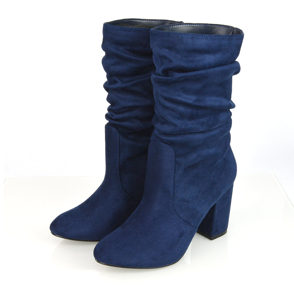 BELLE RUCHED SLOUCH BLOCK HIGH HEEL SOCK ANKLE BOOTS IN NAVY FAUX SUEDE