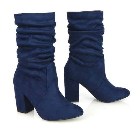 BELLE RUCHED SLOUCH BLOCK HIGH HEEL SOCK ANKLE BOOTS IN NAVY FAUX SUEDE