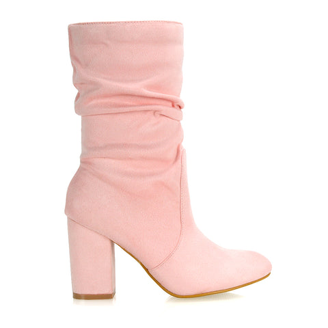 Belle Ruched Zip Up Ankle Boots with Block Mid Heel in Taupe Faux Suede