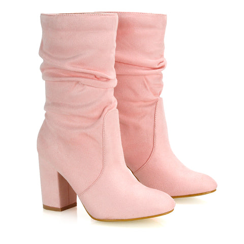 Belle Ruched Zip Up Ankle Boots with Block Mid Heel in Taupe Faux Suede