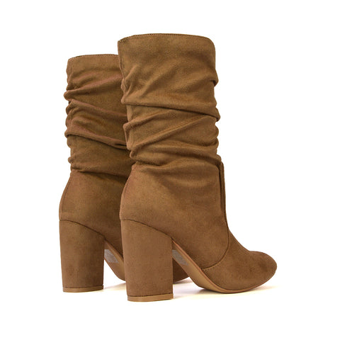 Belle Ruched Zip Up Ankle Boots with Block Mid Heel in Taupe Faux Suede