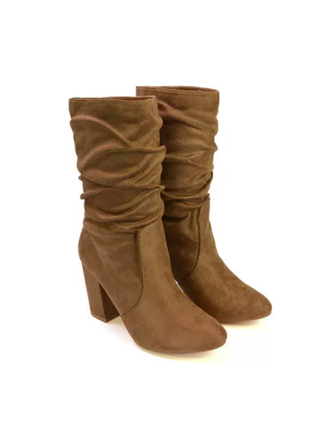 Belle Ruched Zip Up Ankle Boots with Block Mid Heel in Taupe Faux Suede