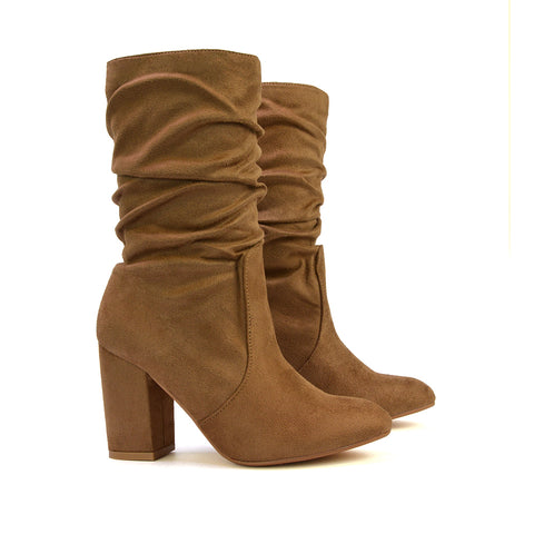 Belle Ruched Zip Up Ankle Boots with Block Mid Heel in Taupe Faux Suede