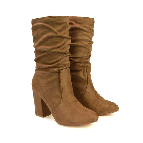 Belle Ruched Zip Up Ankle Boots with Block Mid Heel in Taupe Faux Suede