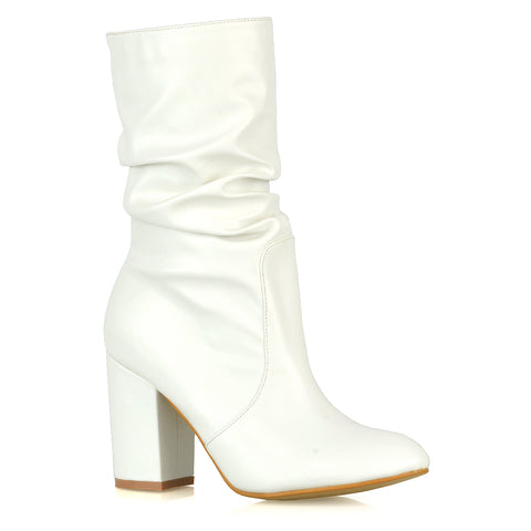 BELLE RUCHED SLOUCH BLOCK HIGH HEEL SOCK ANKLE BOOTS IN WHITE SYNTHETIC LEATHER