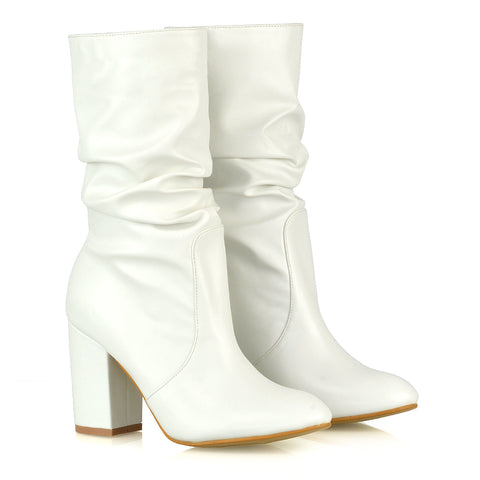 BELLE RUCHED SLOUCH BLOCK HIGH HEEL SOCK ANKLE BOOTS IN WHITE SYNTHETIC LEATHER