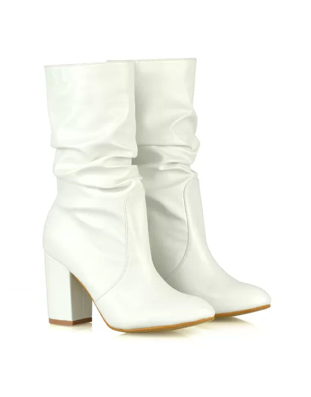 Belle Ruched Zip Up Ankle Boots with Block Mid Heel in Taupe Faux Suede