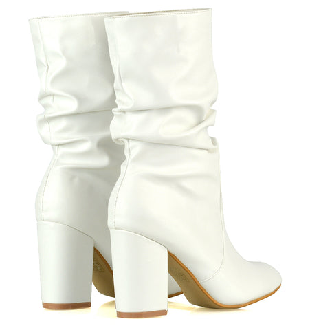 BELLE RUCHED SLOUCH BLOCK HIGH HEEL SOCK ANKLE BOOTS IN WHITE SYNTHETIC LEATHER