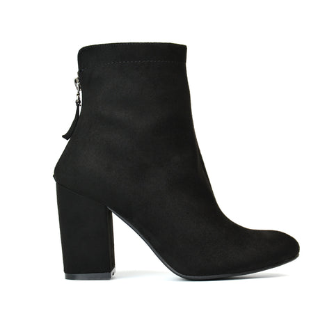 Evia Zip-Up Mid Block Heel Sock Ankle Boots in Black Faux Suede