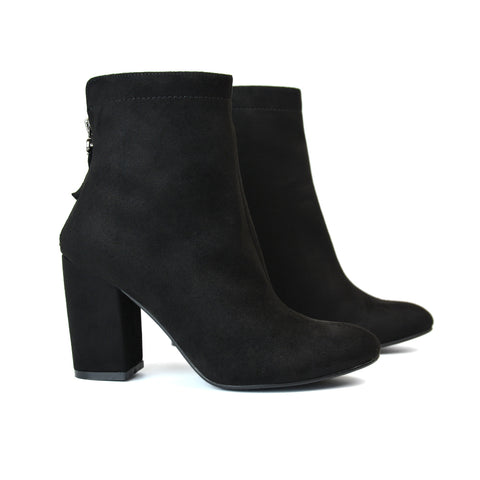 Evia Zip-Up Mid Block Heel Sock Ankle Boots in Black Faux Suede