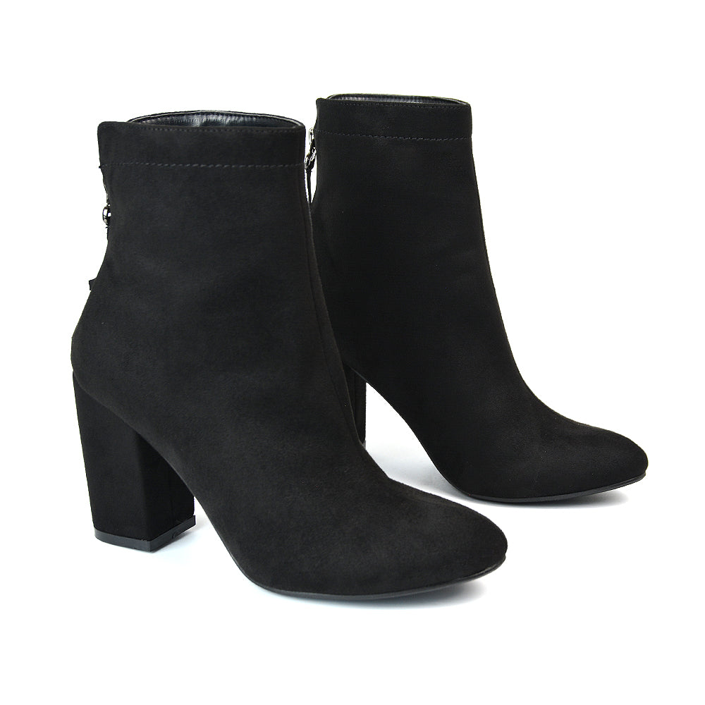 Evia Zip-Up Mid Block Heel Sock Ankle Boots in Grey Faux Suede